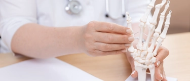 лікар у клініці Медонія Прайм пояснює будову суглобів кисті за допомогою моделі руки під час ревматологічного прийому